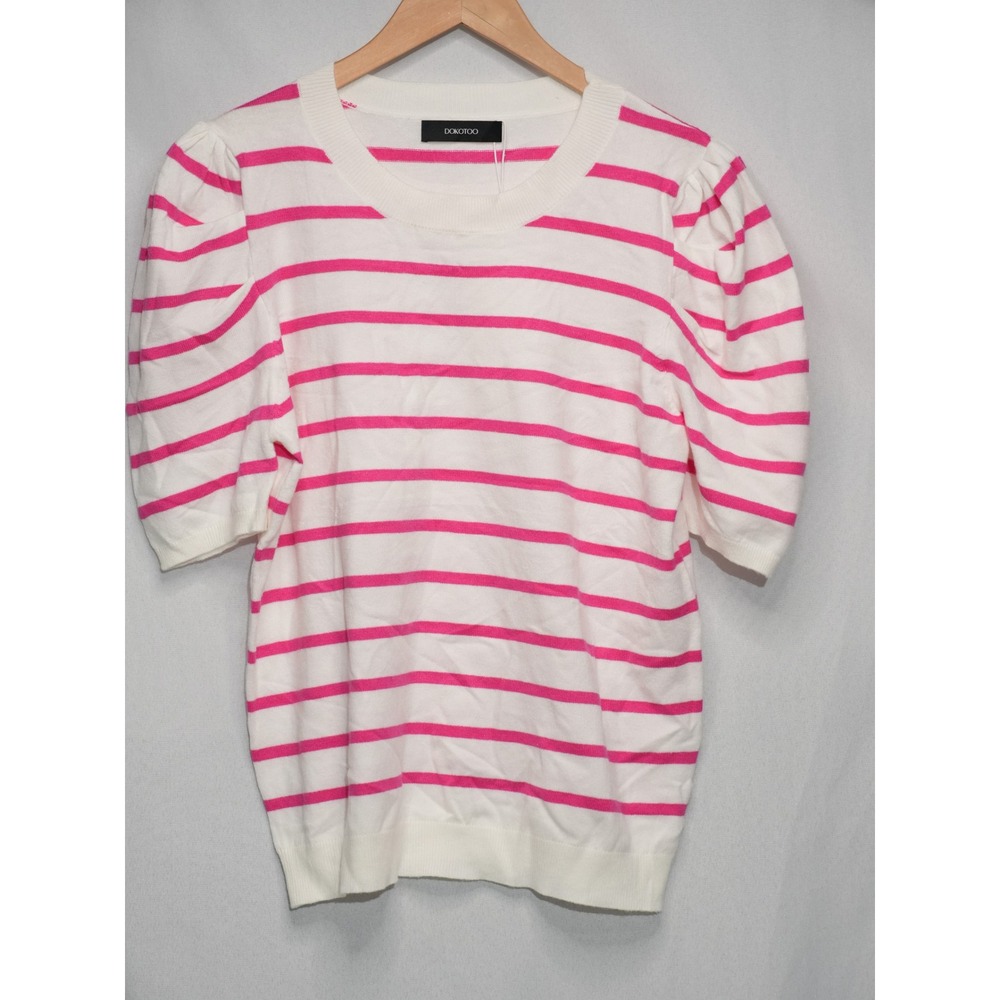 Dokotoo Sweater Top Women Large Pink White Striped Puff Sleeve Crew Neck